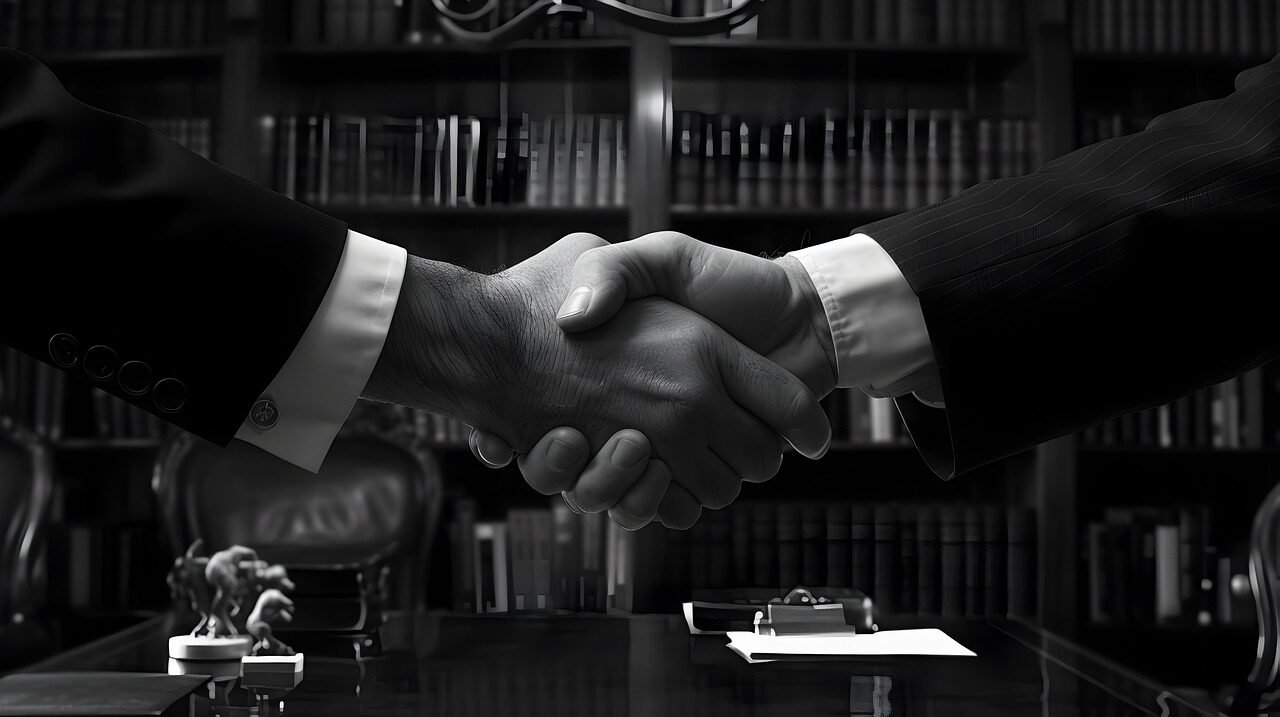 ai generated, handshake, executives, hands, serious, desk, bookshelves, lighting, composition, black and white, professional, agreement, deal, meeting, authority